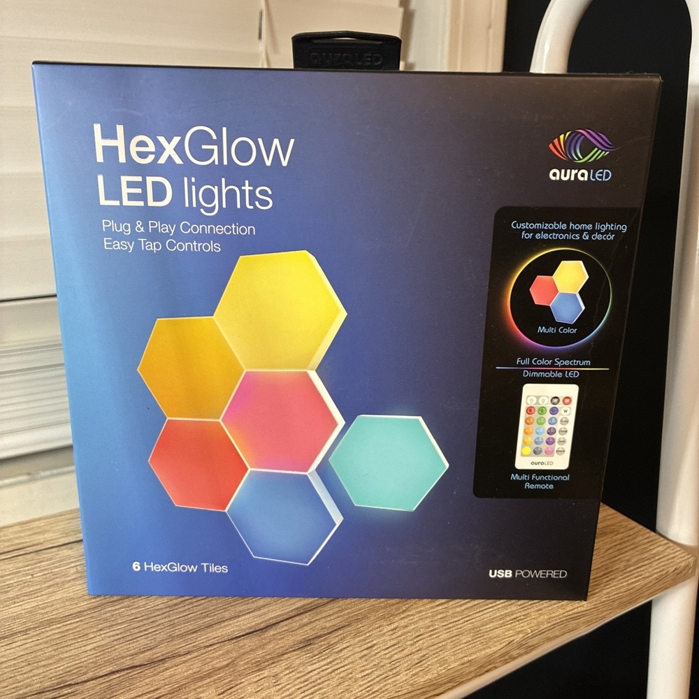 Aura Hex Glow LED Lights Battery Powered 6 x 3.35" tiles New in Box